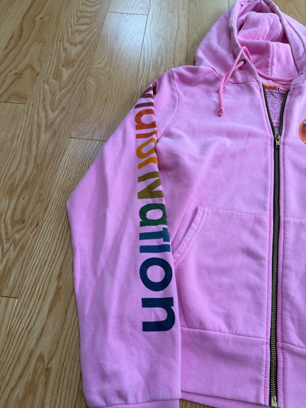Aviator Nation  neon Pink Zip unisex Hoodie with Rainbow print  in large . - Picture 7 of 12